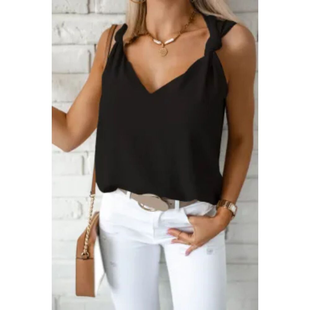 SHEWIN WOMEN BLACK V NECK KNOTTED SHOULDER SLEEVELESS TOP